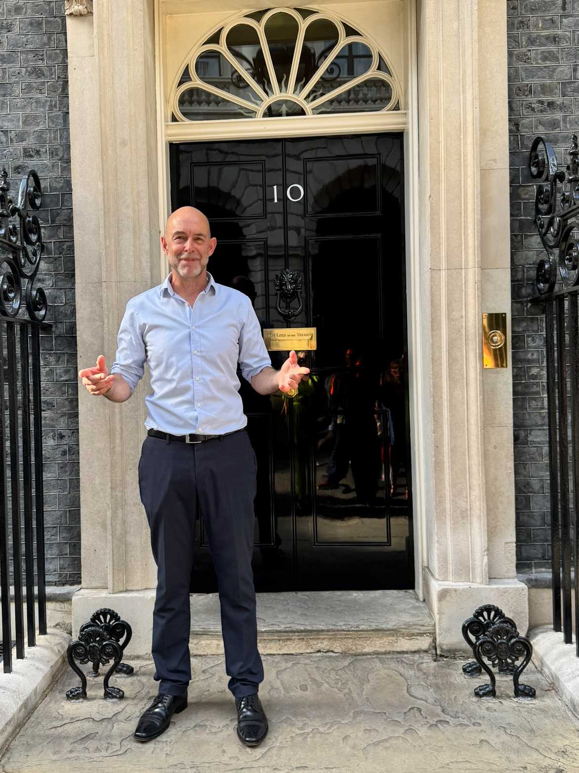 Patrick from Fallen & Felled outside 10 Downing Street for Small Awards reception