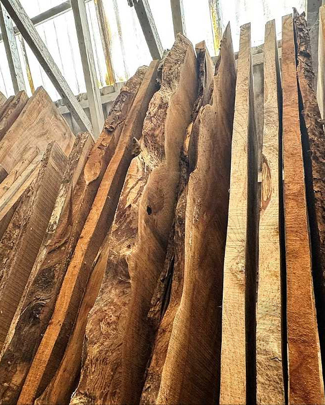 Hardwood boards racked vertically in Essex timber yard