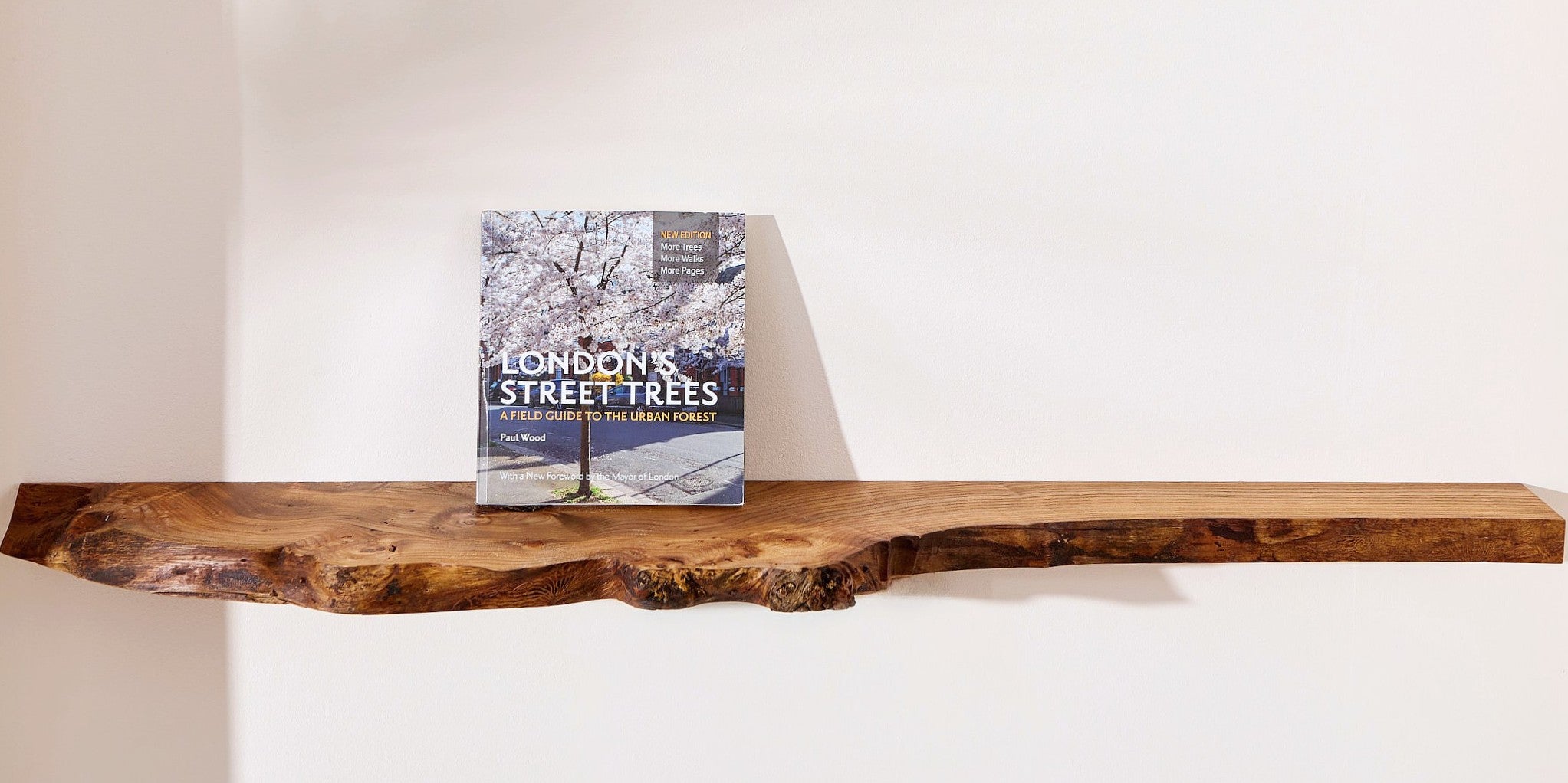 A handmade live edge elm shelf with a book displayed
