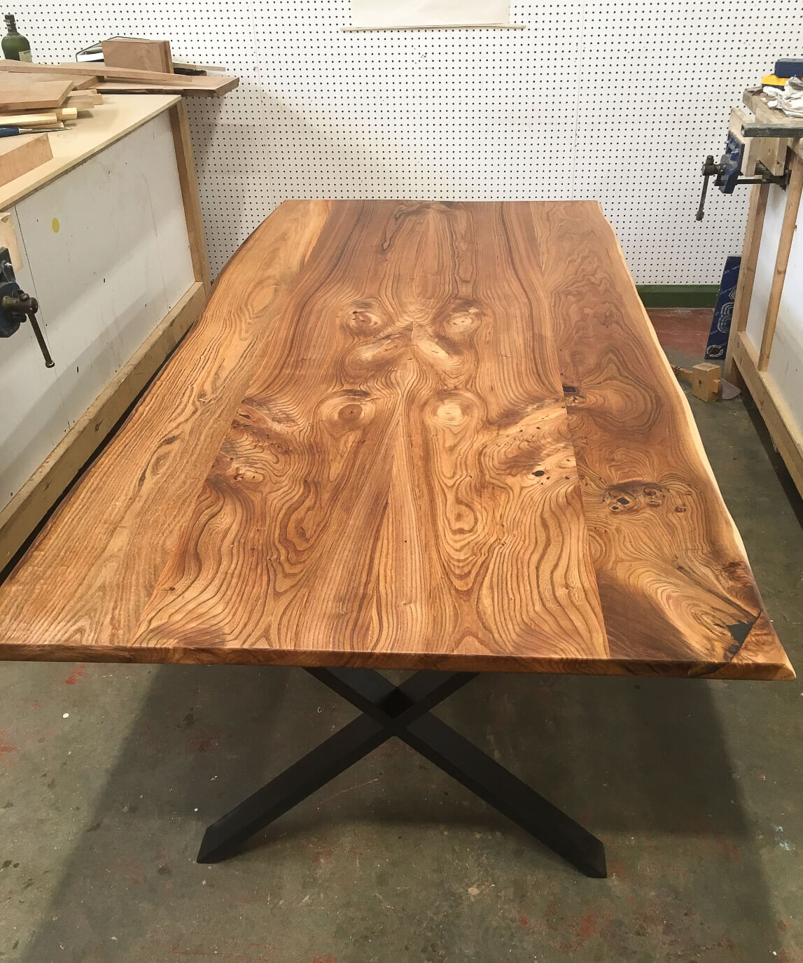 Handmade elm table with waney edge